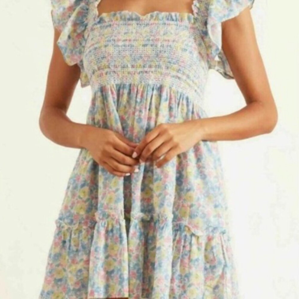 LoveShackFancy Nadja Smocked Mini Dress Ruffle Babydoll Rainbow floral sz medium - Picture 11 of 11